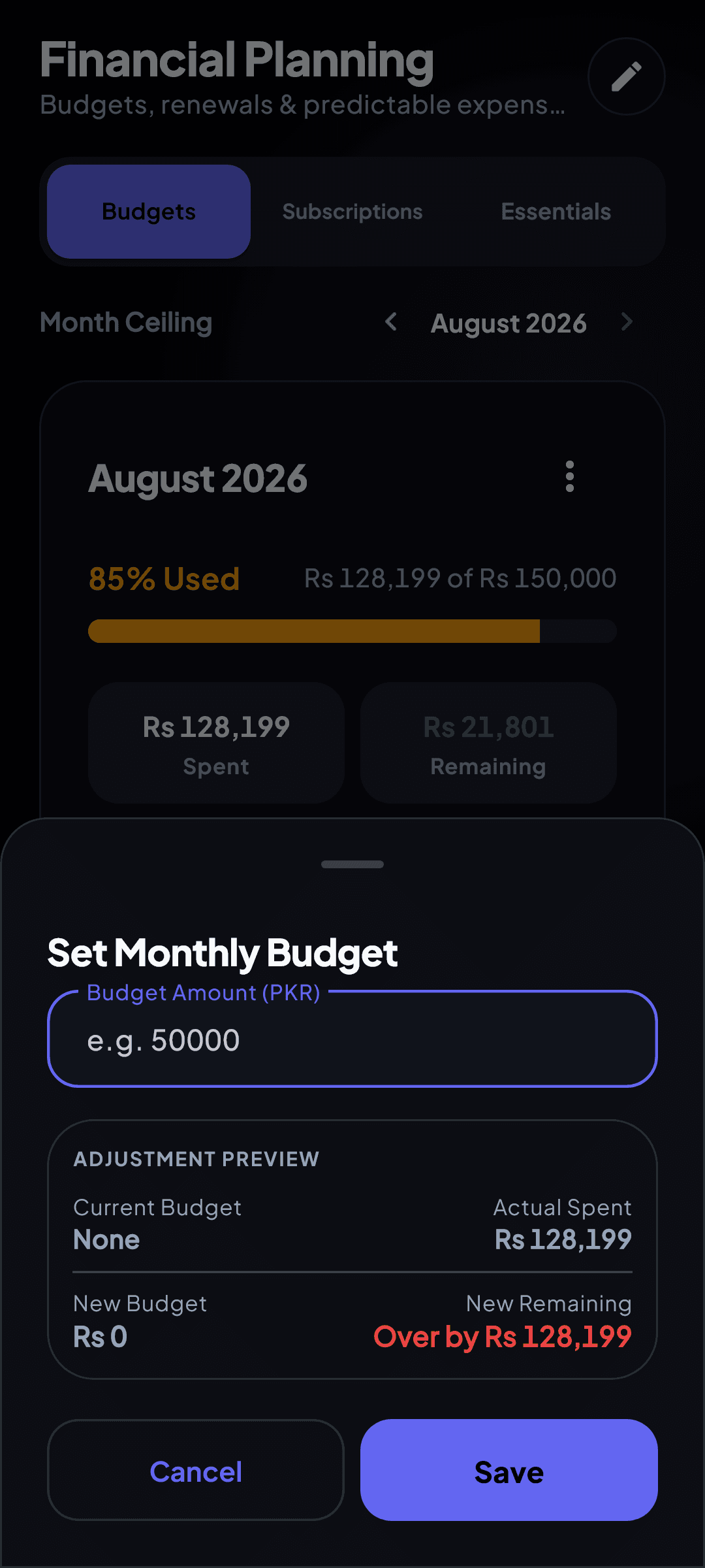 WalletMelt Financial Planning screen showing ceiling adjustment simulation
