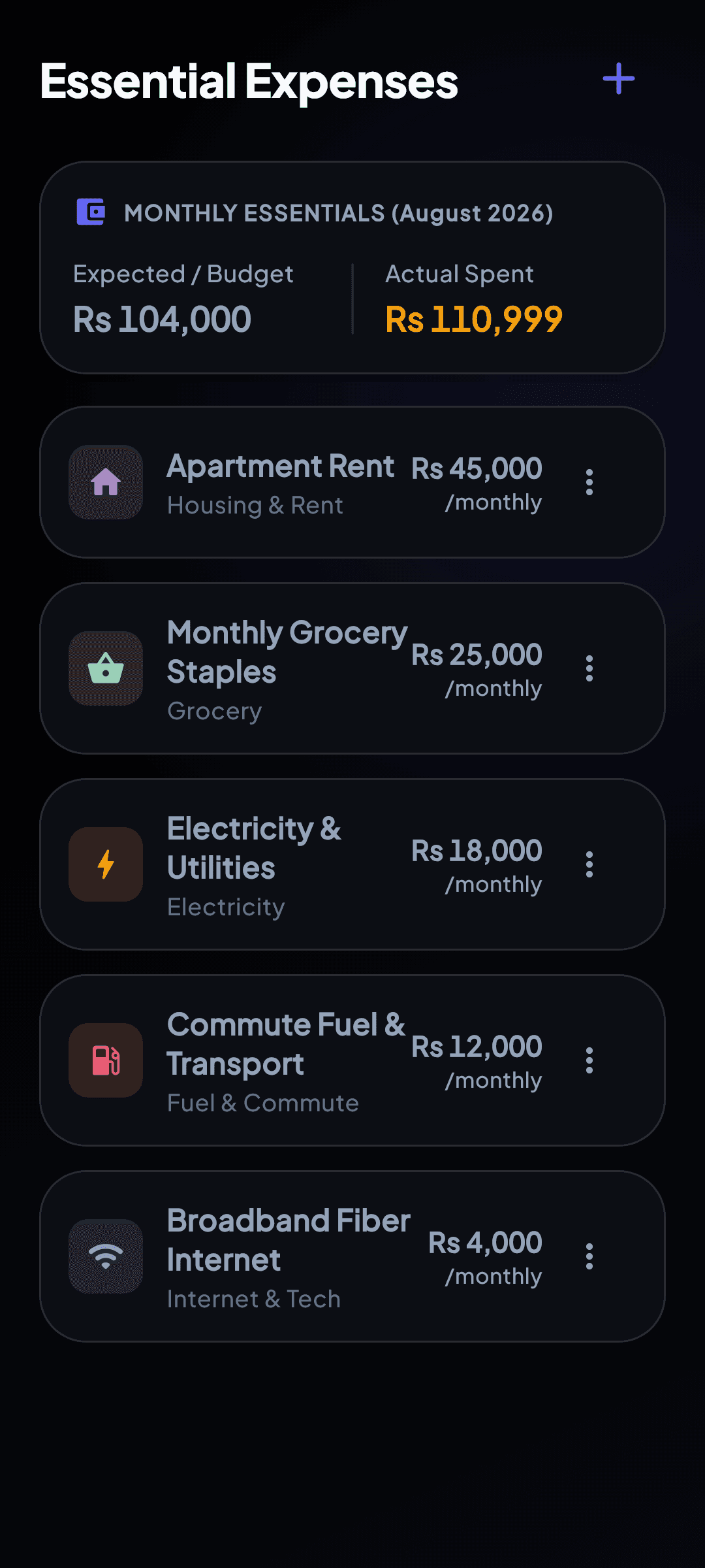 WalletMelt Essential Expenses list detailing non-negotiable survival obligations